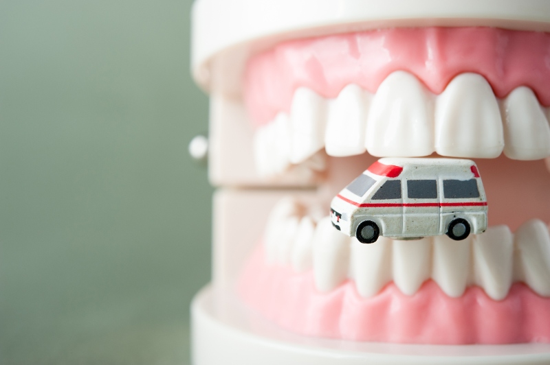 Dental model with realistic teeth biting a miniature ambulance, symbolizing emergency dental care services in Kanata and Owatta, ON
